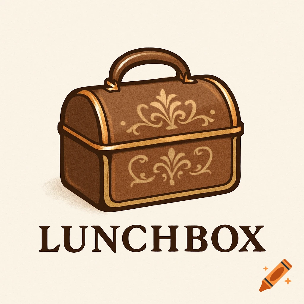 Stylized brown lunchbox logo with golden decorative patterns, featuring the word LUNCHBOX below on a light background.