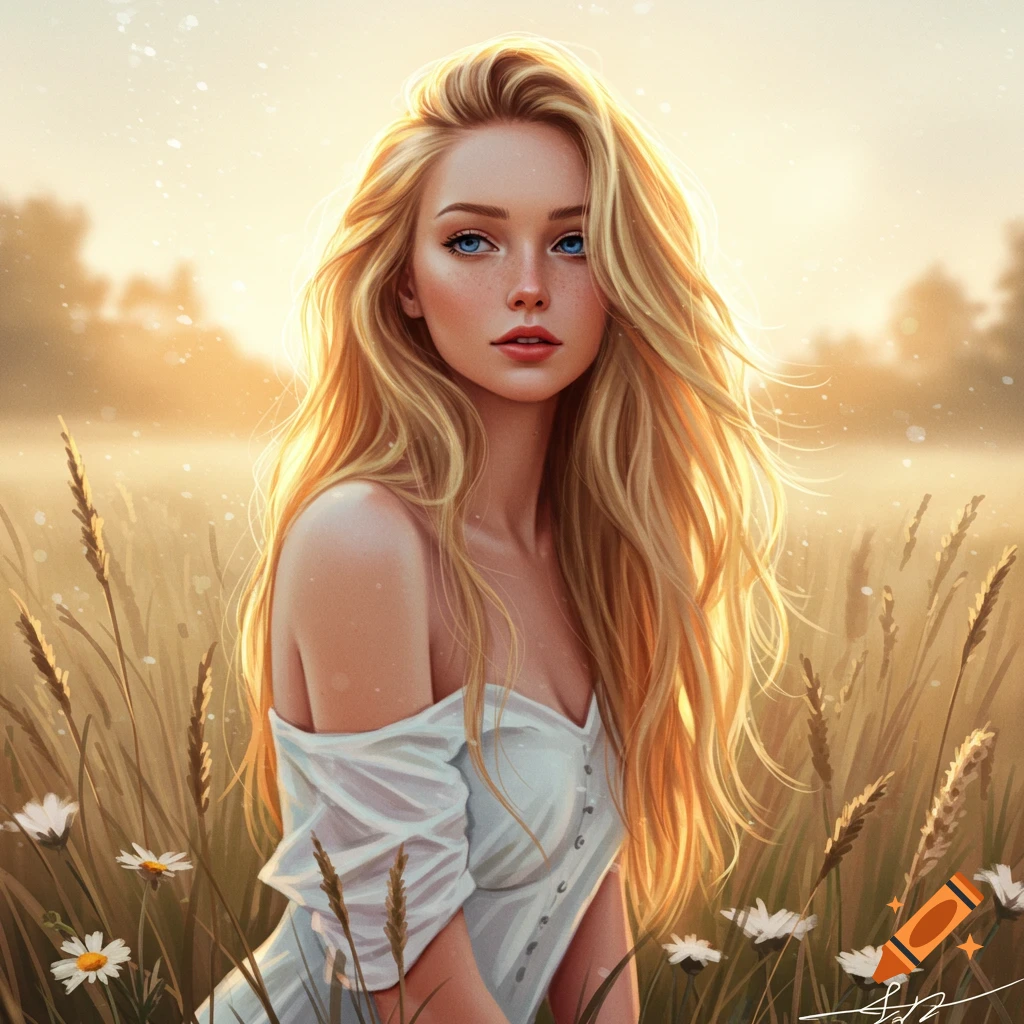 A digital painting of a beautiful blonde woman with blue eyes in a white dress, standing in a sunlit field of wheat and daisies.