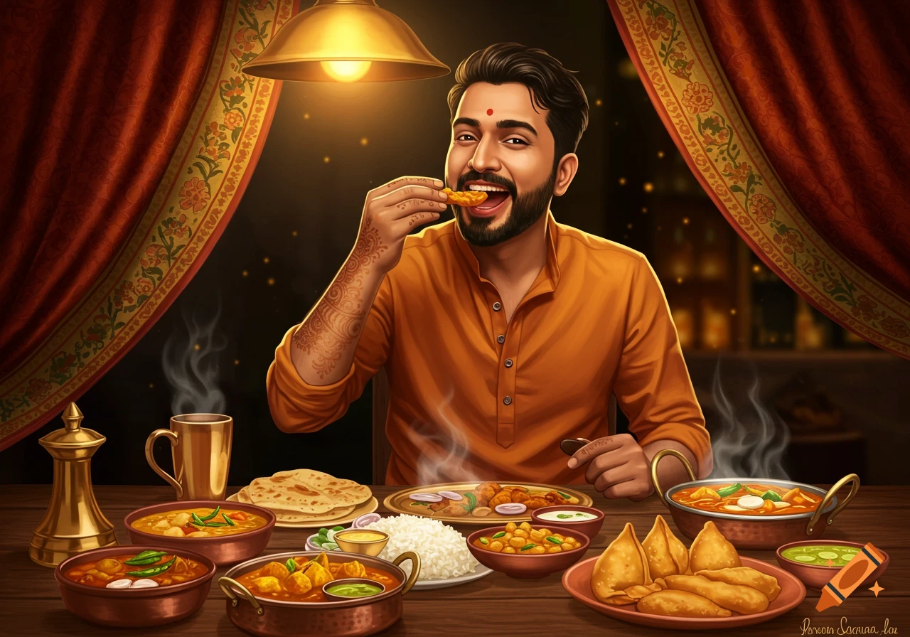 Smiling Indian man in an orange kurta enjoys a feast of curry, rice, and samosas at a table, digital illustration.