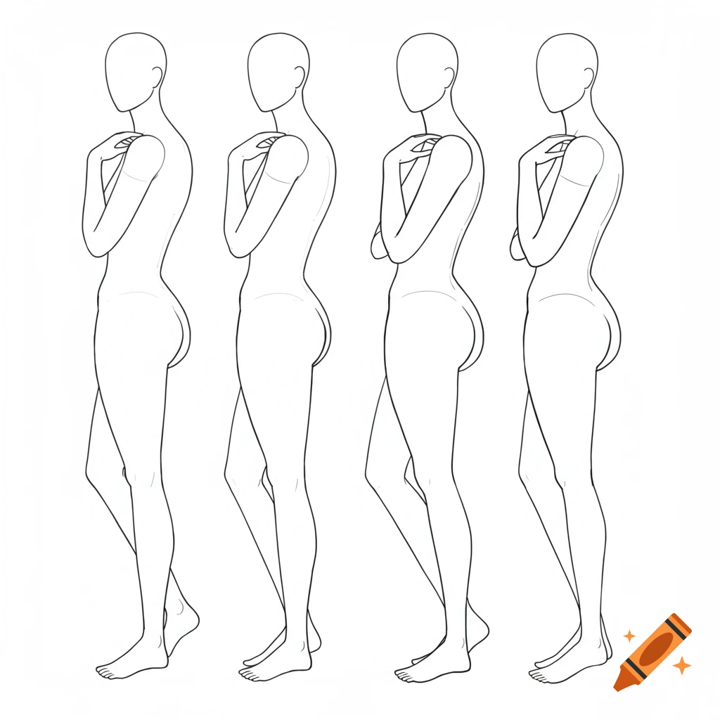 Four stylized full-body mannequin figures in clean line art, standing in similar relaxed poses with hands on shoulders, on a white background, suitable for figure drawing.