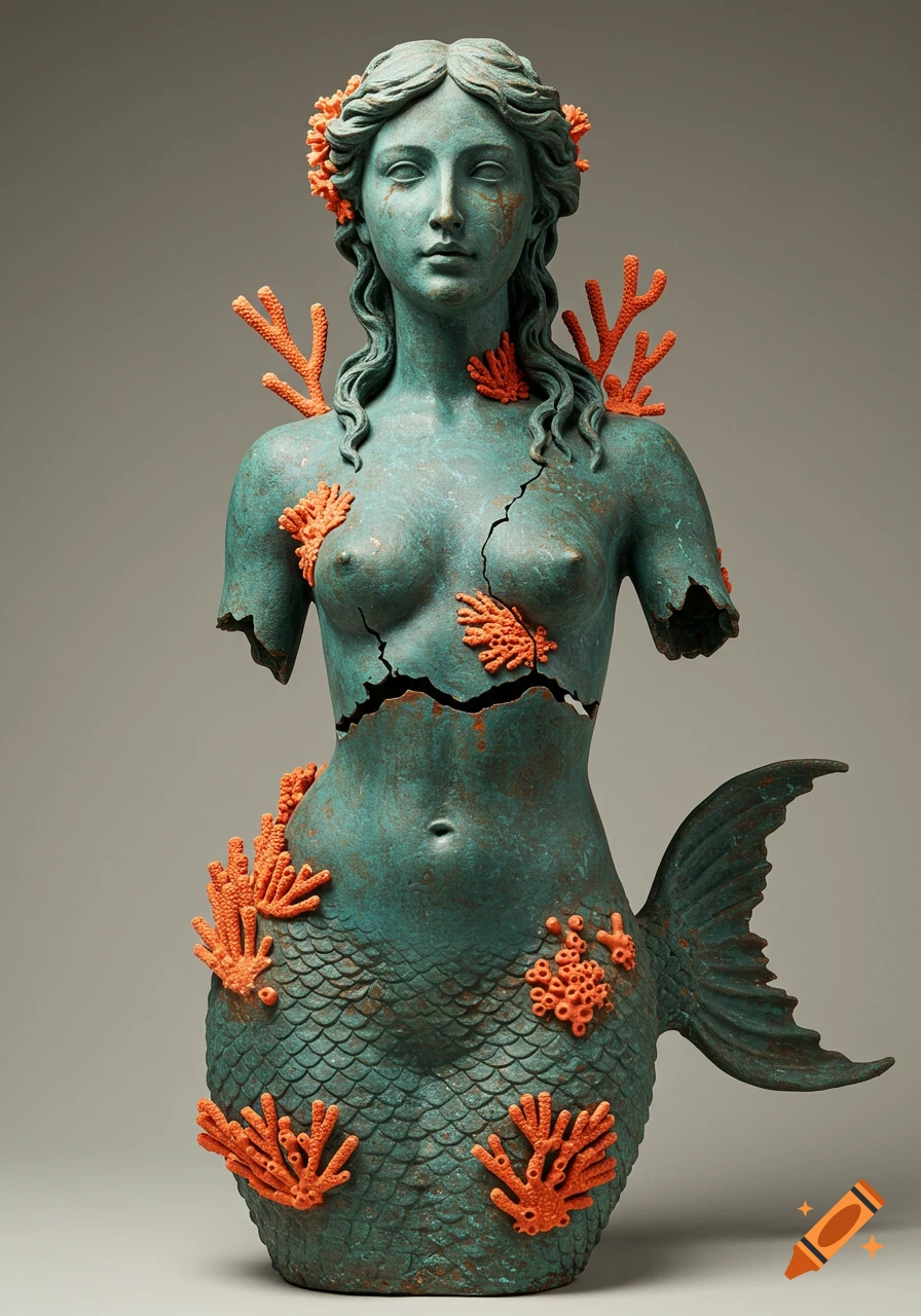 A fragmented bronze mermaid statue covered in green patina and orange coral growths, displayed against a plain background.