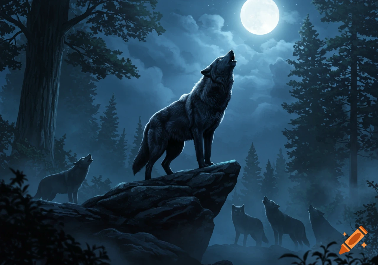 A majestic black wolf howls at a full moon from a rock, with its pack visible in a dark, misty forest at night.