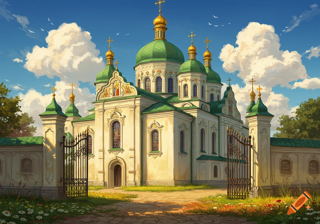 Vibrant illustration of a Baroque-style church with green domes and golden crosses under a blue sky, with a path and wildflowers.