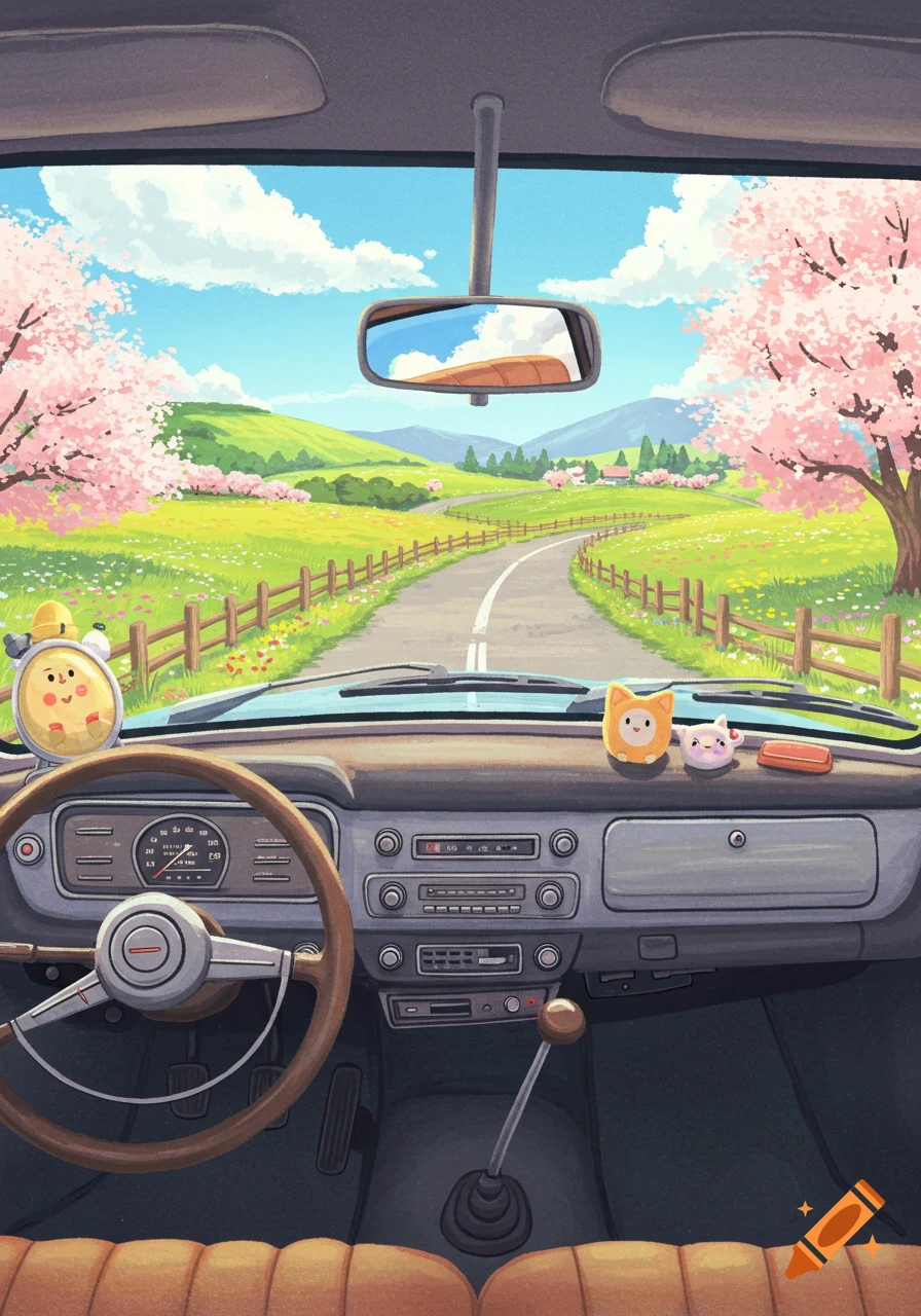 A cartoon view from inside a cute car, dashboard in foreground, looking out at a winding road through a spring landscape with green hills and pink cherry blossom trees.