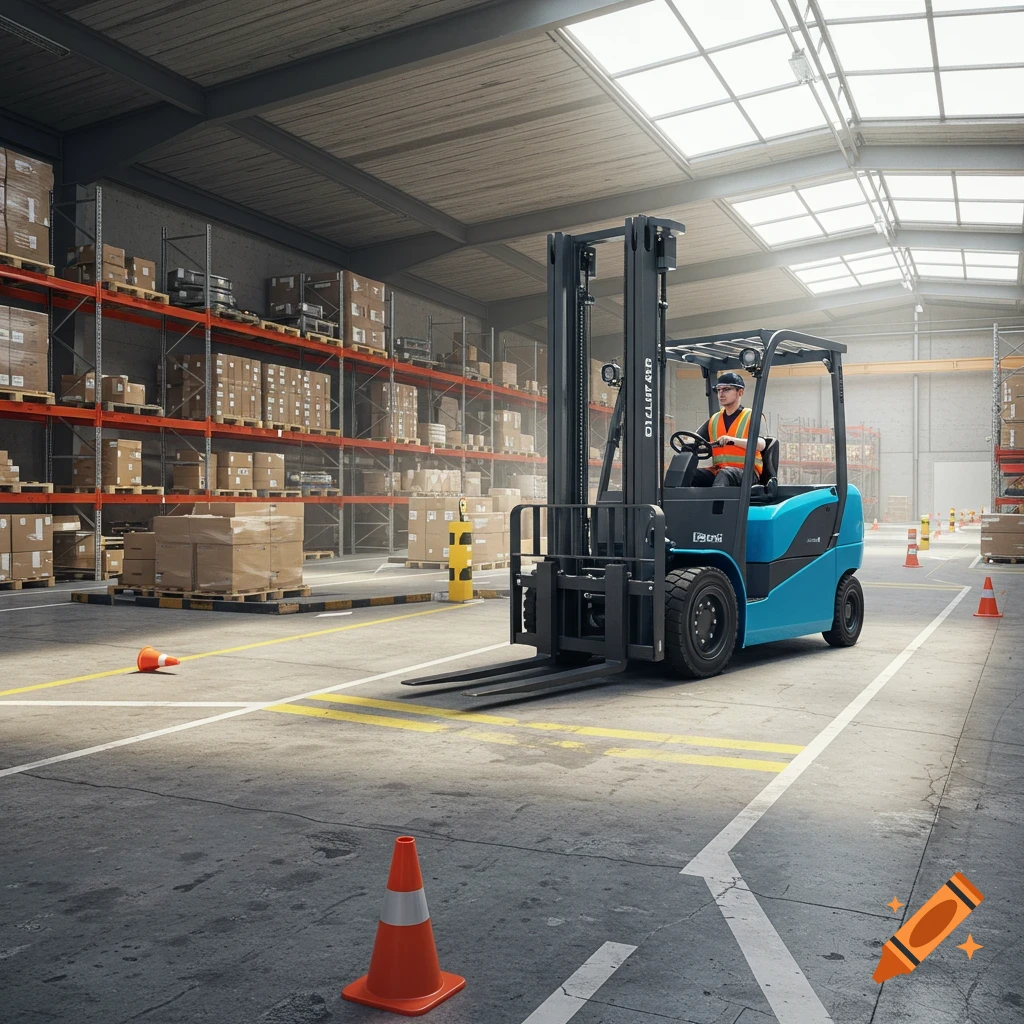 A worker in an orange vest drives a blue forklift on a practice track inside a large warehouse with tall shelves stacked with boxes.