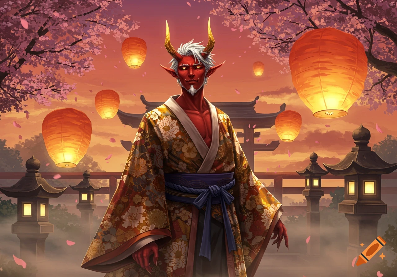 Red yokai oni with white hair and gold horns in a floral kimono, surrounded by cherry blossoms and glowing lanterns in a Japanese temple scene at sunset.