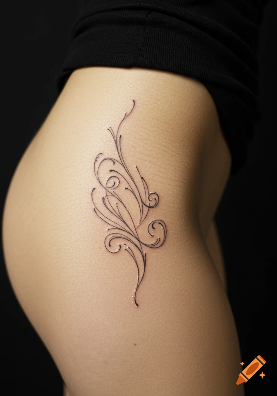 Close-up of a delicate, black filigree tattoo on a person's hip against a  dark background, in a photorealistic style. on Craiyon, image size:896x1280