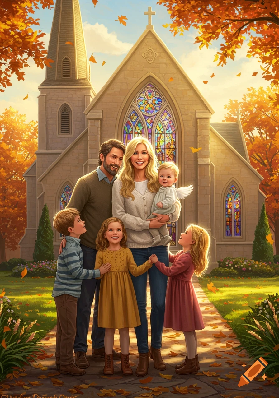 A happy family with four children and a baby stands smiling in front of a church with stained glass windows during autumn.