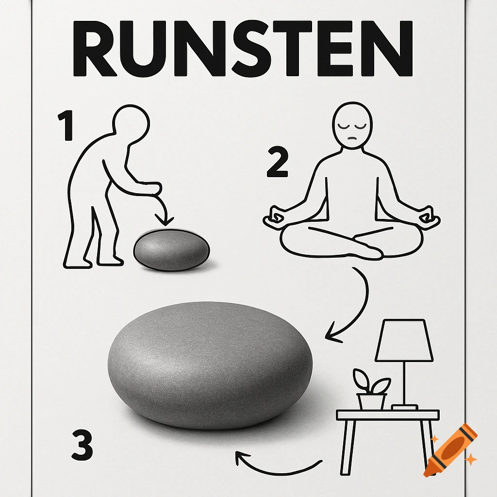 A minimalist IKEA-style instructional diagram titled 'RUNSTEN', showing steps to use a gray stone: placing it, meditating with it, and as a home decor item.