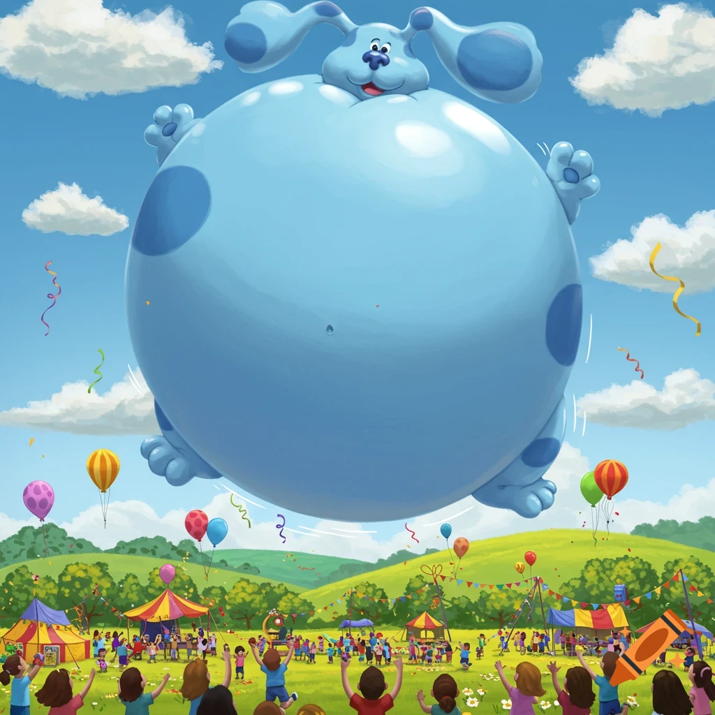 A giant, inflated blue dog character, Blue from Blue's Clues, floats above a vibrant carnival with a crowd of children looking up.