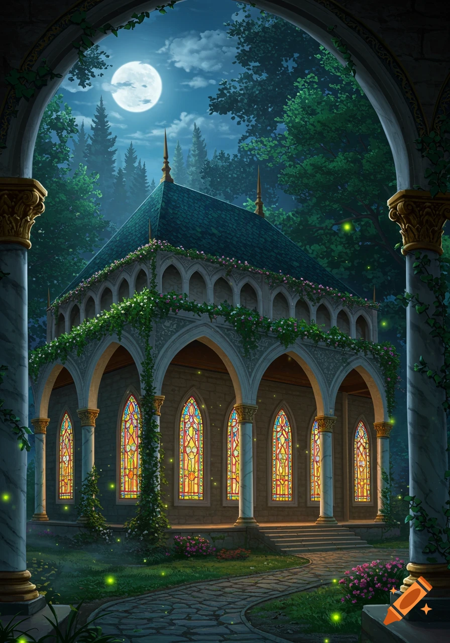 An illustrative fantasy night scene of an ornate elven-style building with stained glass windows, set in a forest under a full moon with glowing fireflies.