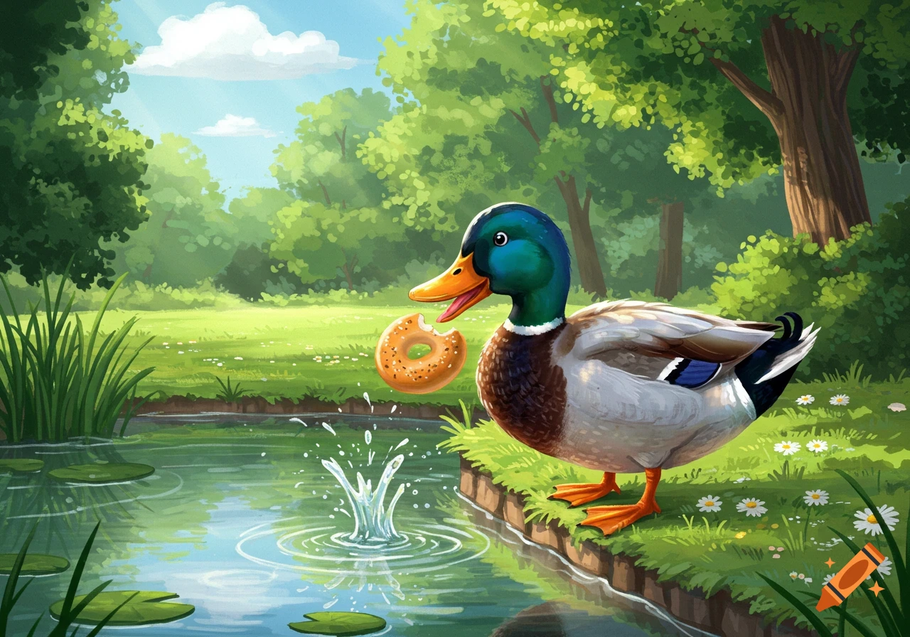 A mallard duck stands by a pond, holding a half-eaten bagel, surrounded by lush green trees and grass, in an illustrative style.