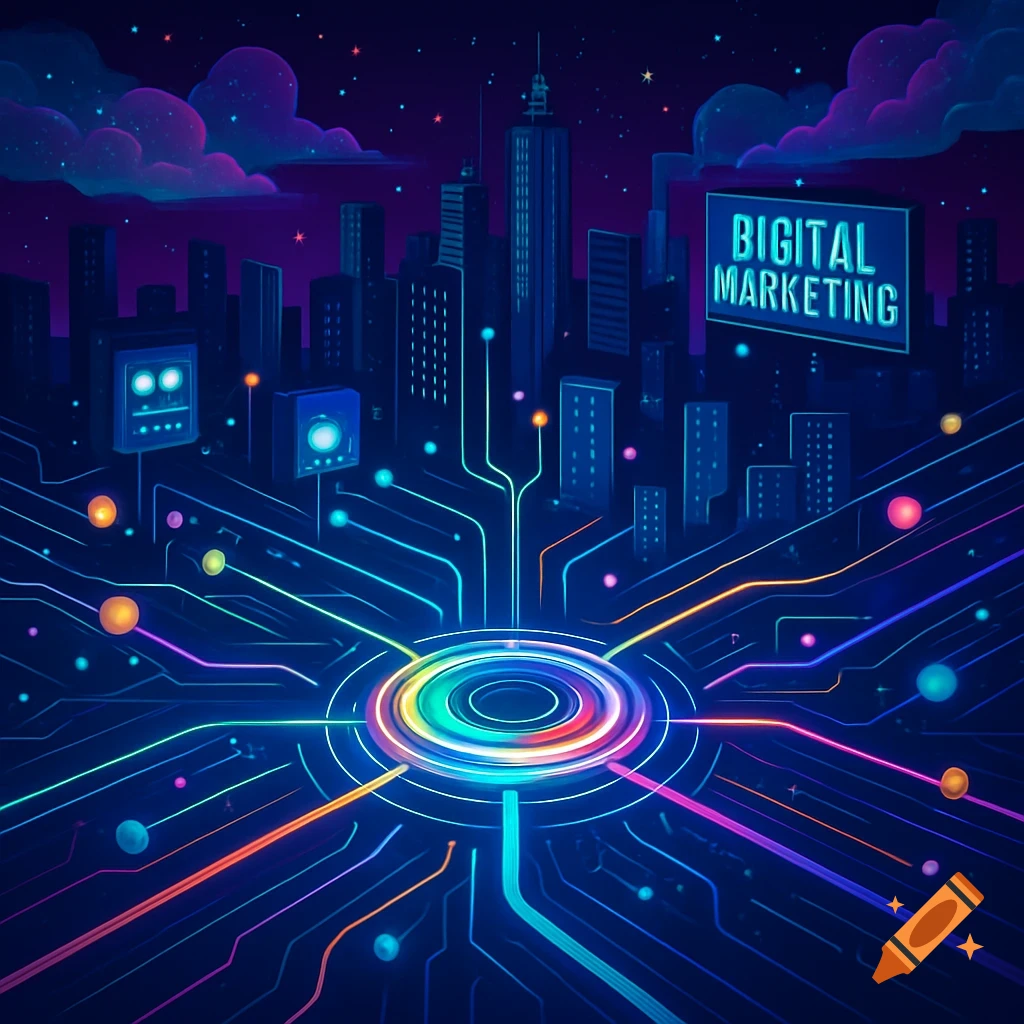 Vibrant, stylized digital art of a futuristic city at night with glowing neon circuits connecting buildings to a central hub.