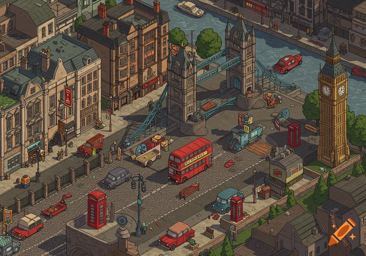 Isometric cartoon map of London featuring Tower Bridge, Big Ben, red double-decker buses, cars, and buildings.