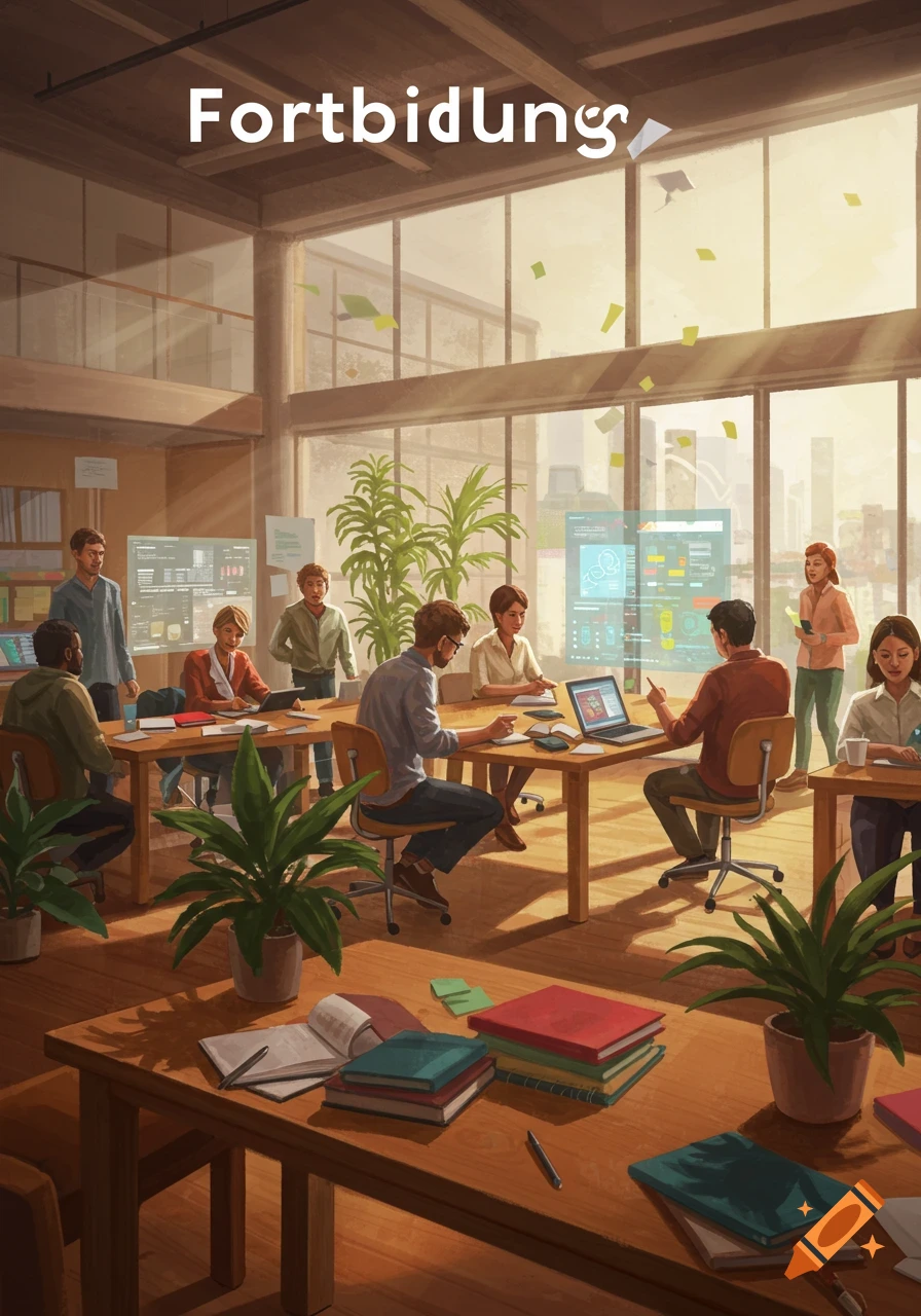 Diverse people in a sunlit modern office participating in a training session with laptops and books, text 'Fortbildung' at top.