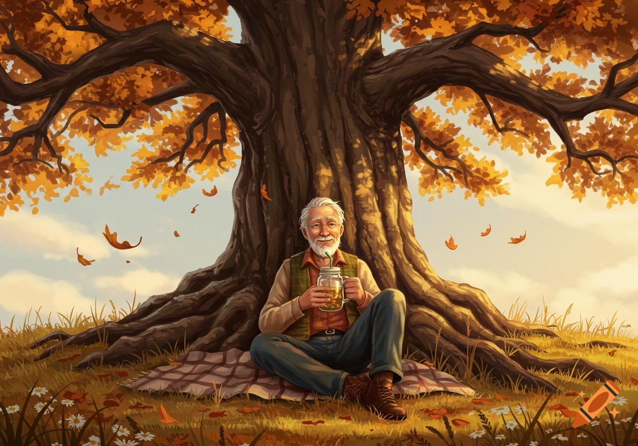 An old man with a white beard sits on a blanket under a large autumn tree, drinking from a mason jar in a warm, painterly illustration.