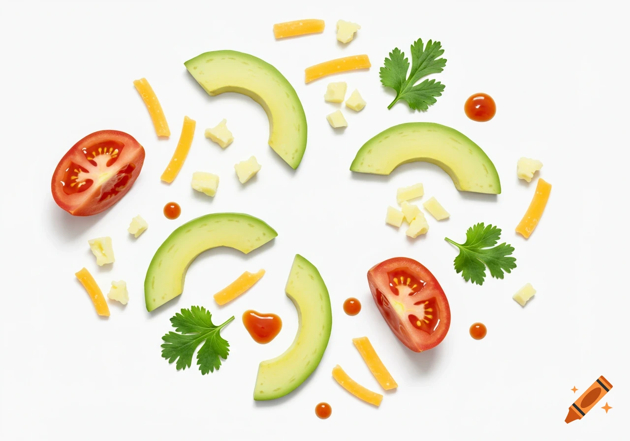 Photorealistic flat lay of avocado slices, tomato halves, cheese cubes, cilantro leaves, and sauce droplets on a white background.