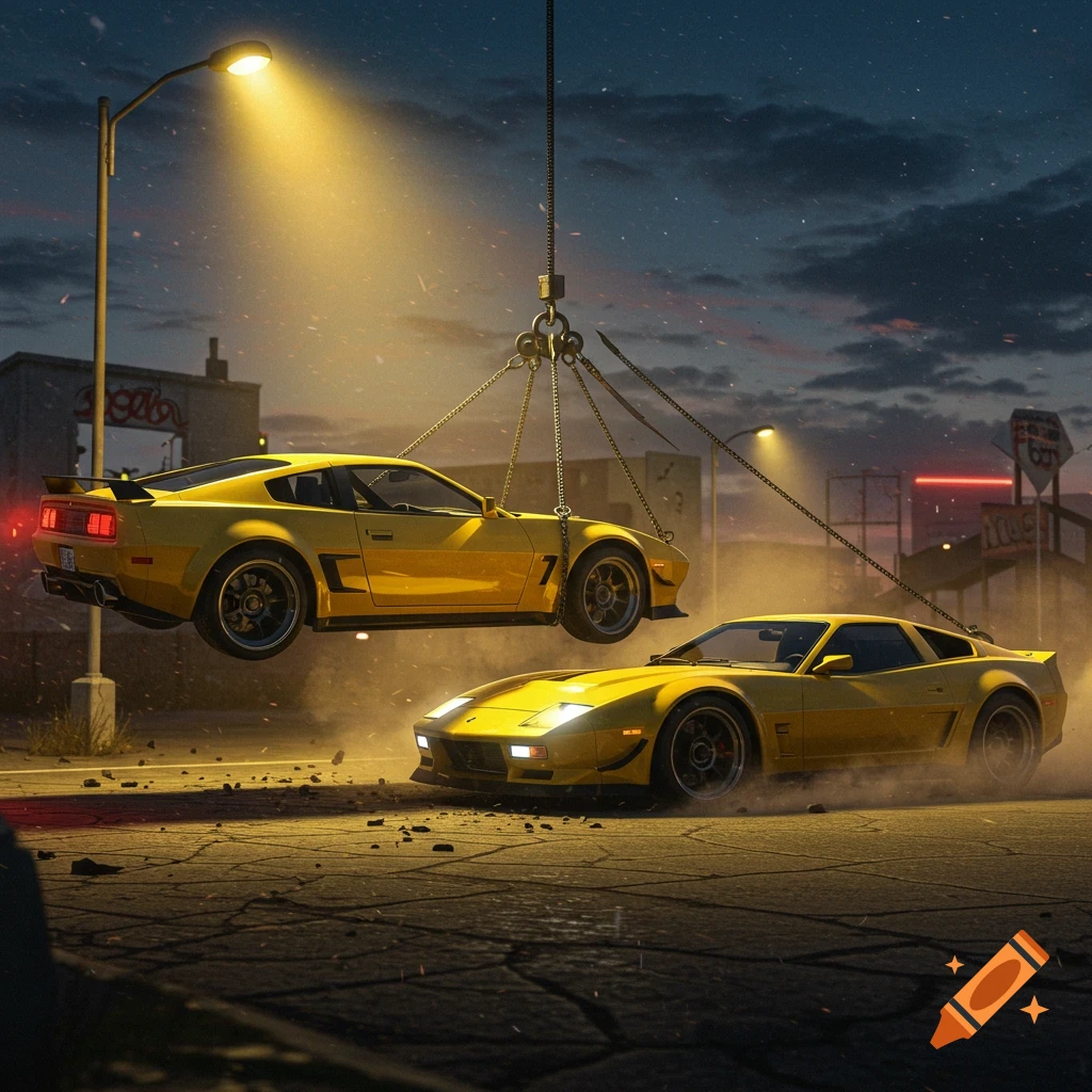 A yellow sports car is suspended by chains from a grapple over another yellow sports car on a cracked road at night, lit by a streetlamp.