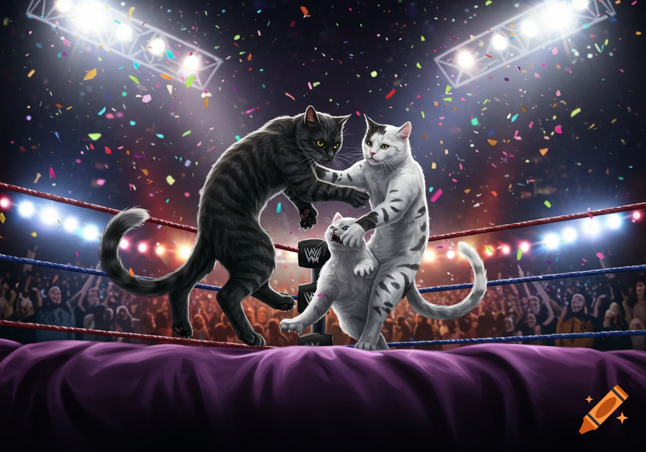 Two stylized cats pro-wrestling in a brightly lit ring, surrounded by a cheering crowd and falling confetti.