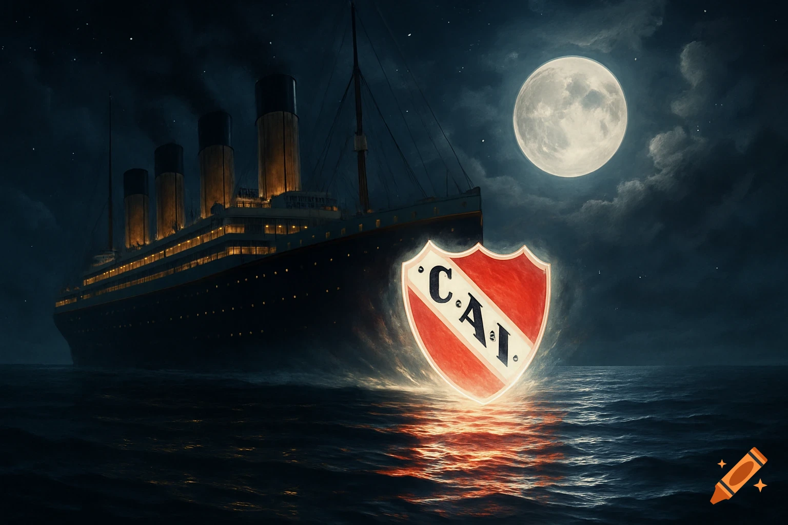 The Titanic sails at night under a full moon, with a glowing red and white C.A.I. shield floating in the water in the foreground.