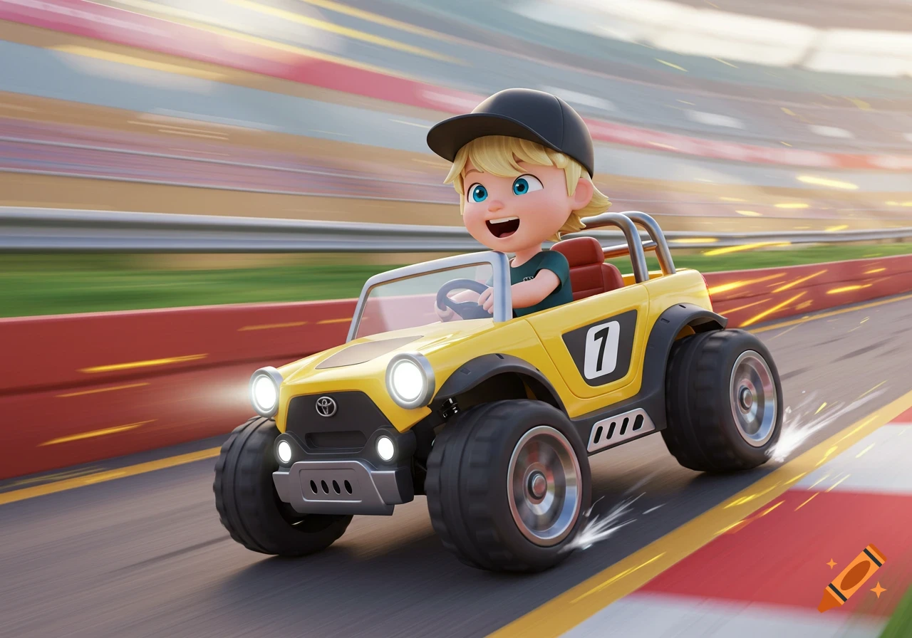A cartoon boy with blonde hair and a black cap drives a yellow Toyota toy race car at high speed on a track.
