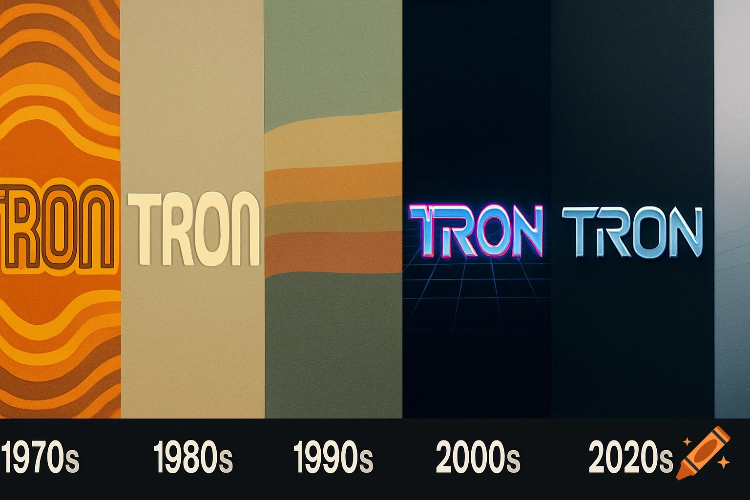 Five 'TRON' logos, each styled to represent a decade from the 1970s to 2020s, showing design evolution.