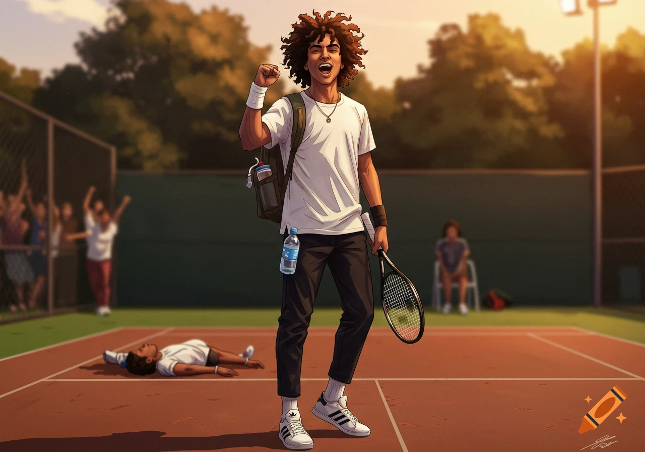 An anime-style male tennis player with curly hair in a white shirt and black pants celebrates his victory on a clay court. Another player lies defeated in the background.