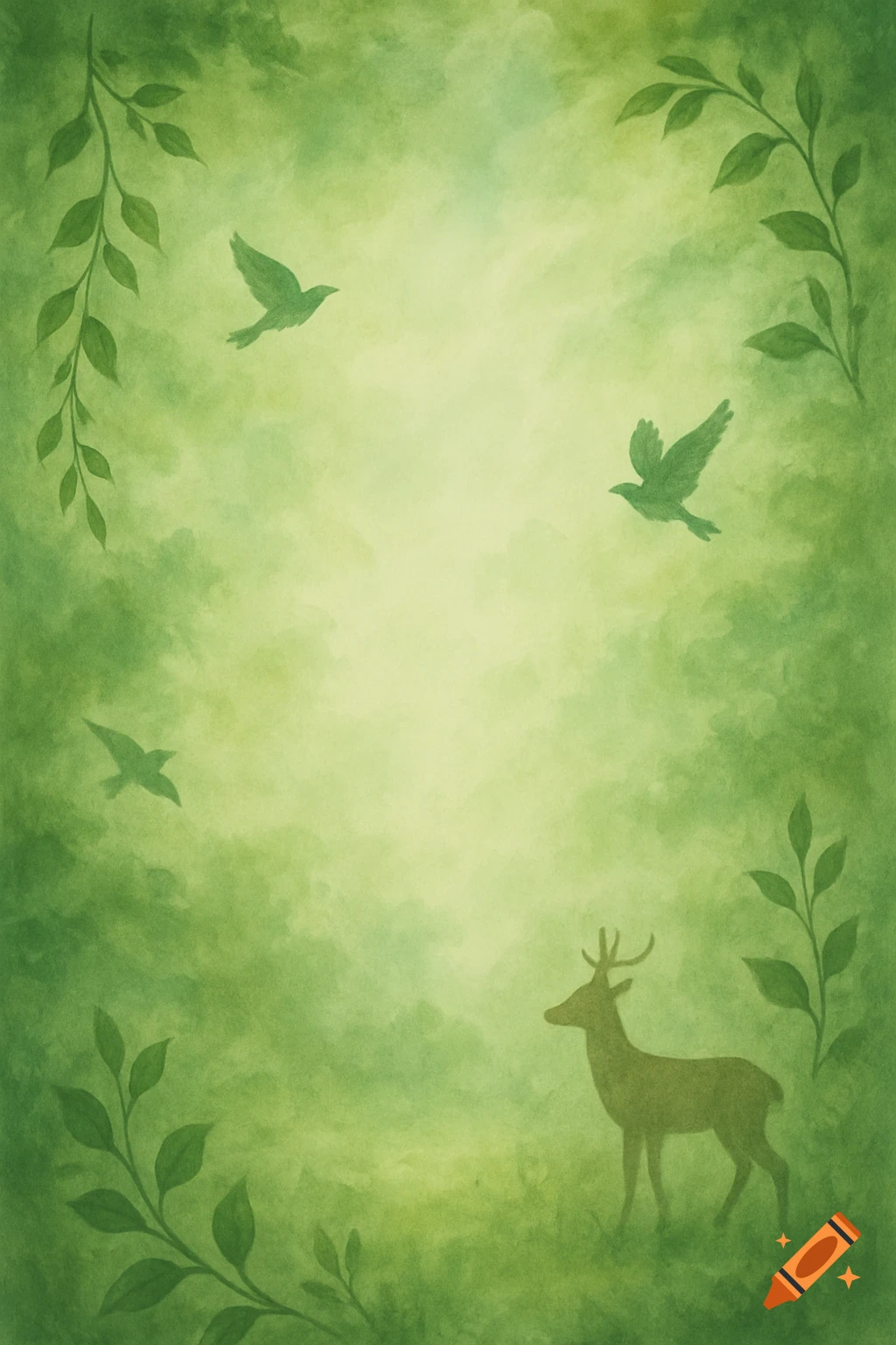 Watercolor illustration of a deer and three birds among leafy branches on a blended green background.
