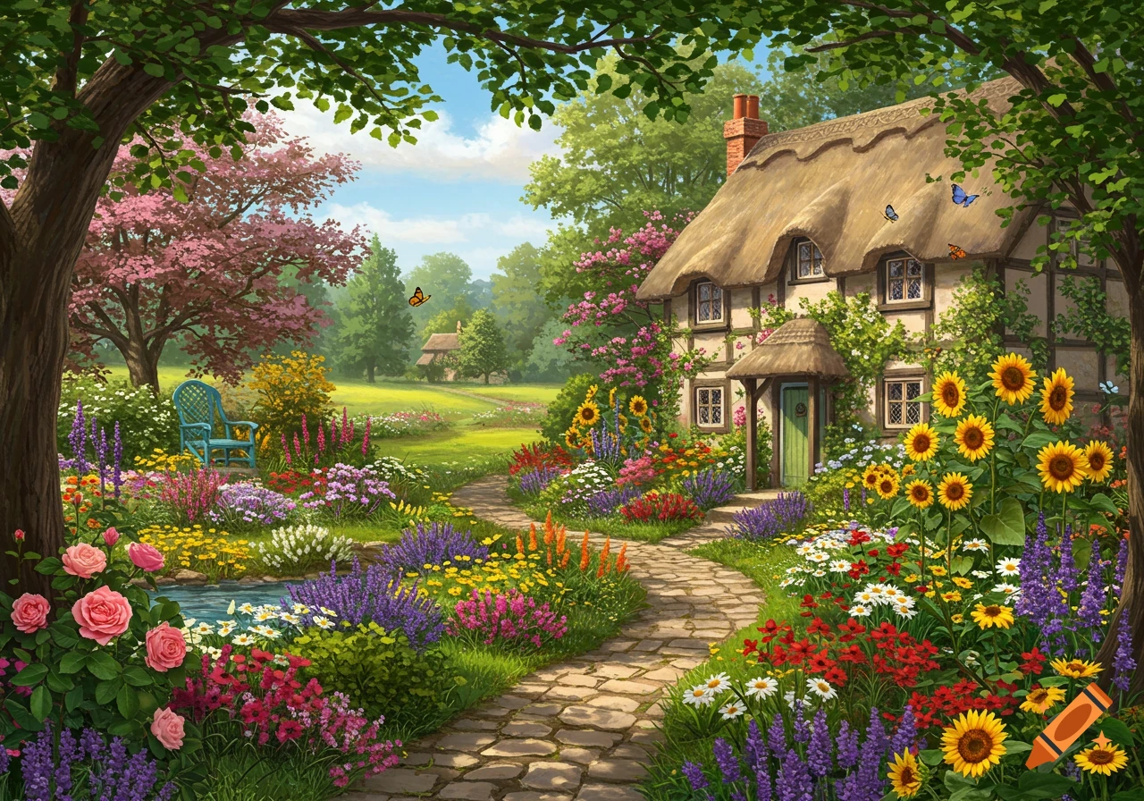 A vibrant, detailed illustration of a charming cottage nestled in a lush garden filled with colorful flowers and a stone path.
