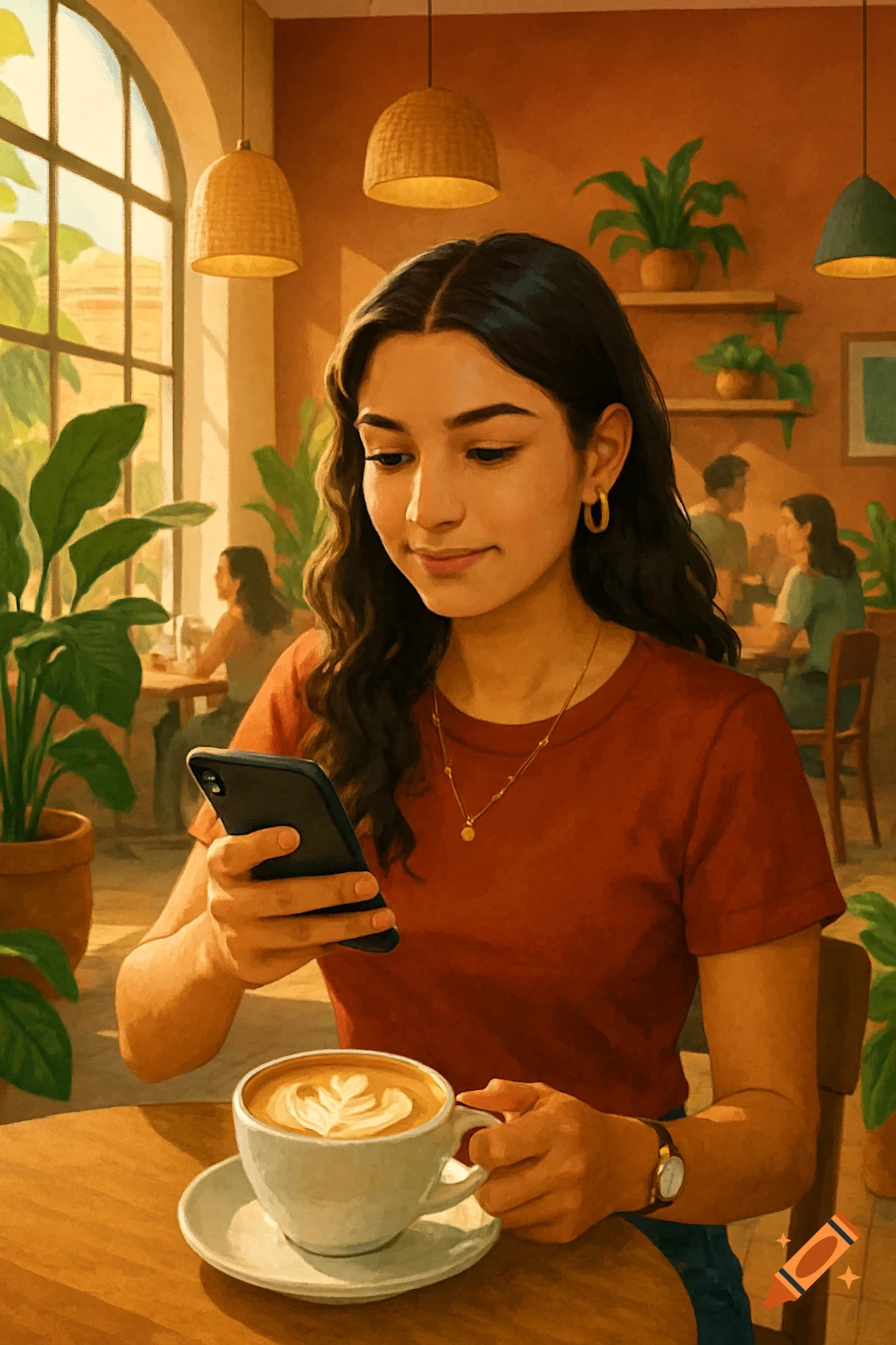A young woman in a red shirt holds a phone and a latte in a sunlit cafe with plants. Painterly illustration.