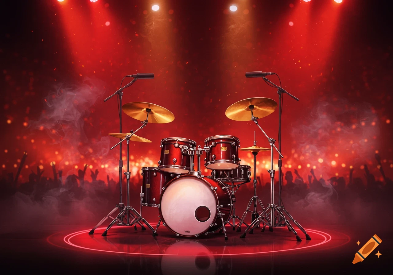A red drum set sits center stage under bright red spotlights with a blurred, cheering audience in the background.