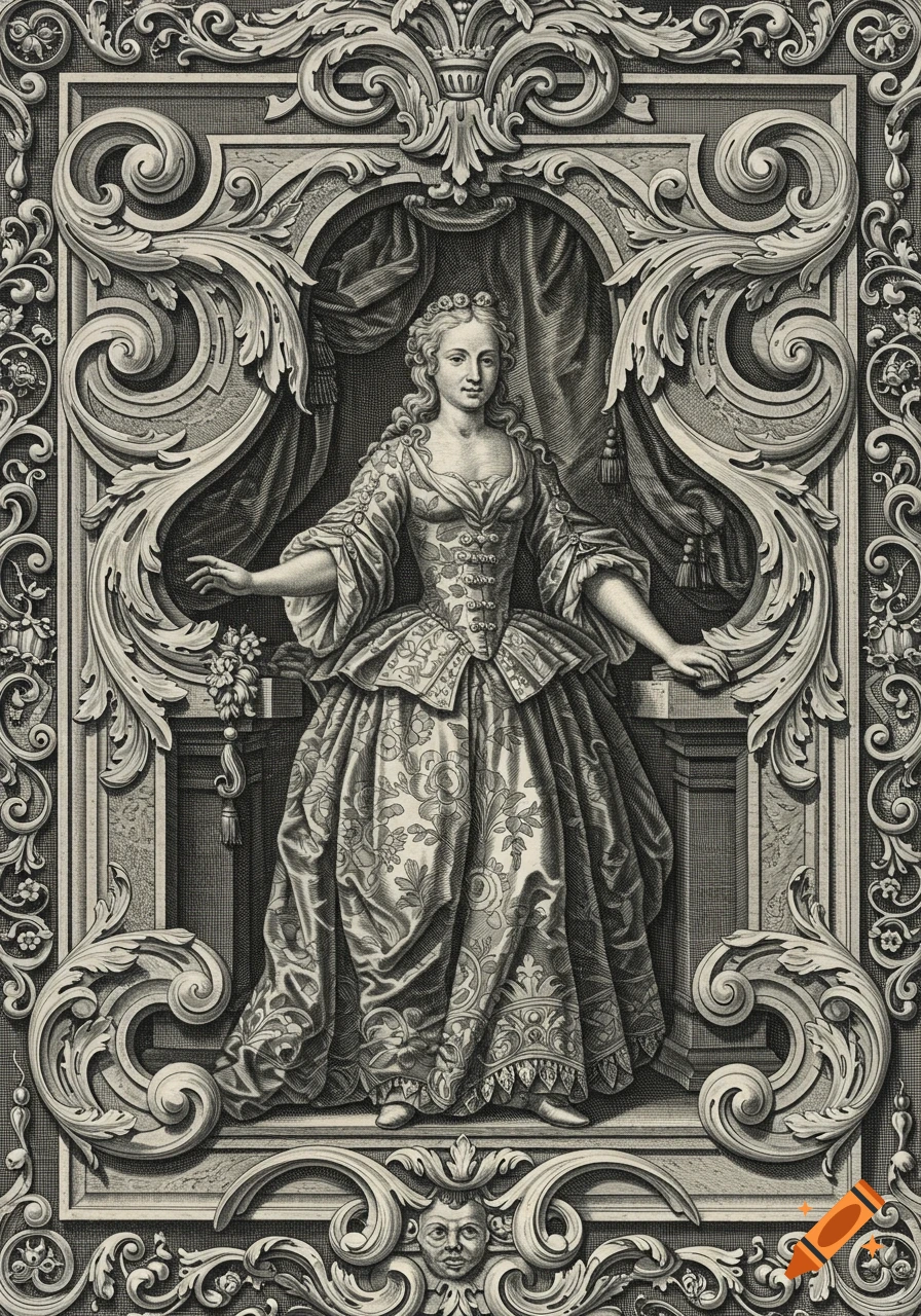 Monochrome baroque-style engraving of a woman in an elaborate dress, framed by ornate scrollwork.