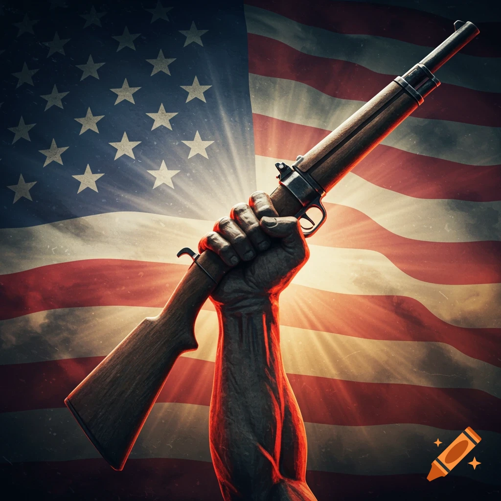 A muscular, raised fist clutches a rifle against a grunge-style American flag with radiating sun rays, conveying patriotism.
