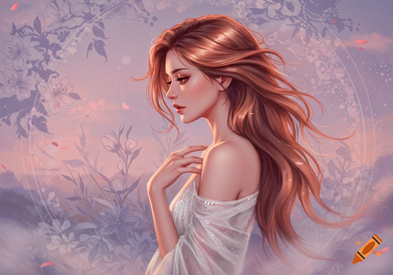 An ethereal portrait of a woman with long, flowing brown hair and bared shoulders, wearing a shimmering white dress against a dreamy, floral background in shades of lavender and pink.