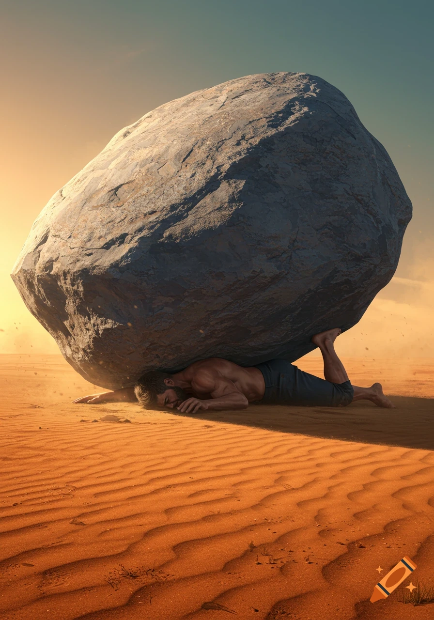 A man lies face down in a sandy desert, with a huge boulder crushing his back, under a gradient sky.
