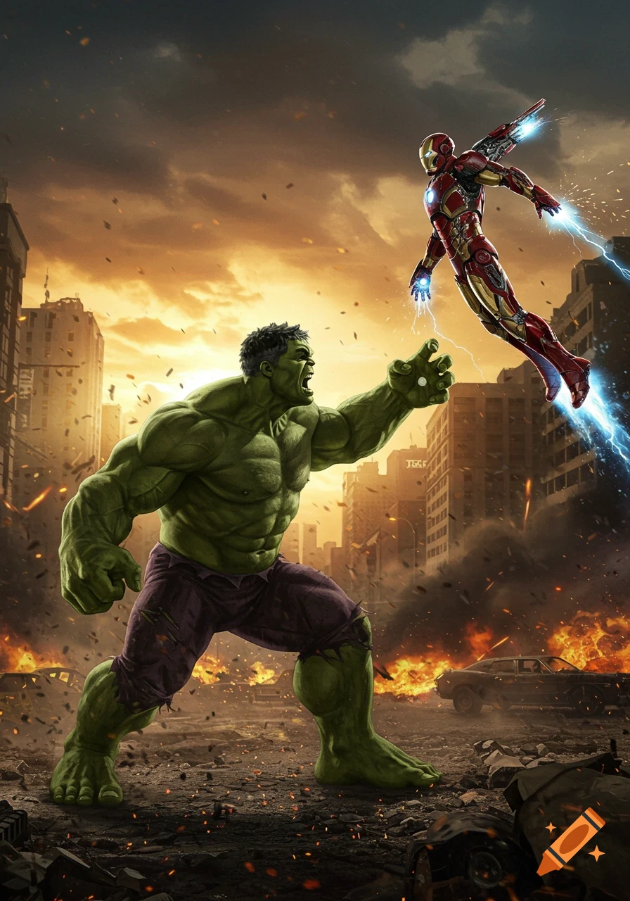 Hulk and Iron Man battle in a destroyed city. Iron Man flies with energy blasts, while Hulk lunges. Dynamic comic art style.