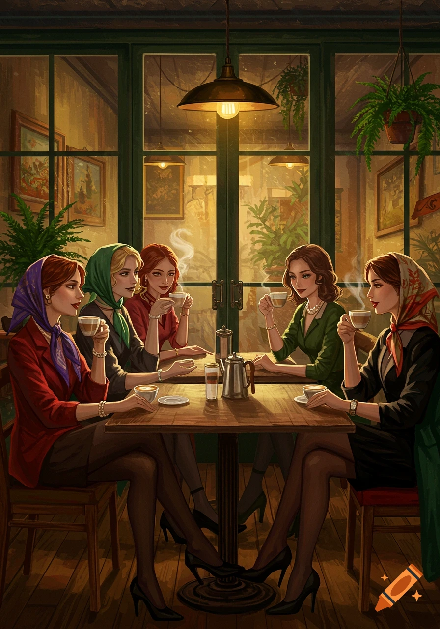 Five women in scarves and smart attire drink coffee at a cozy cafe table, illustrated.