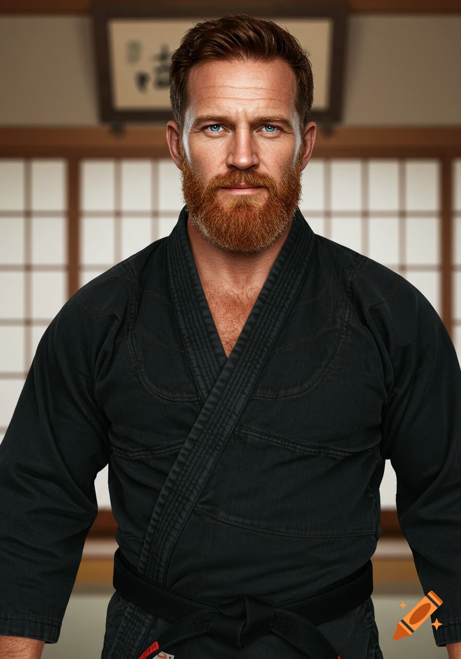 A realistic portrait of a Caucasian man with a ginger beard and blue eyes, wearing a black martial arts gi with a black belt, in a dojo setting.