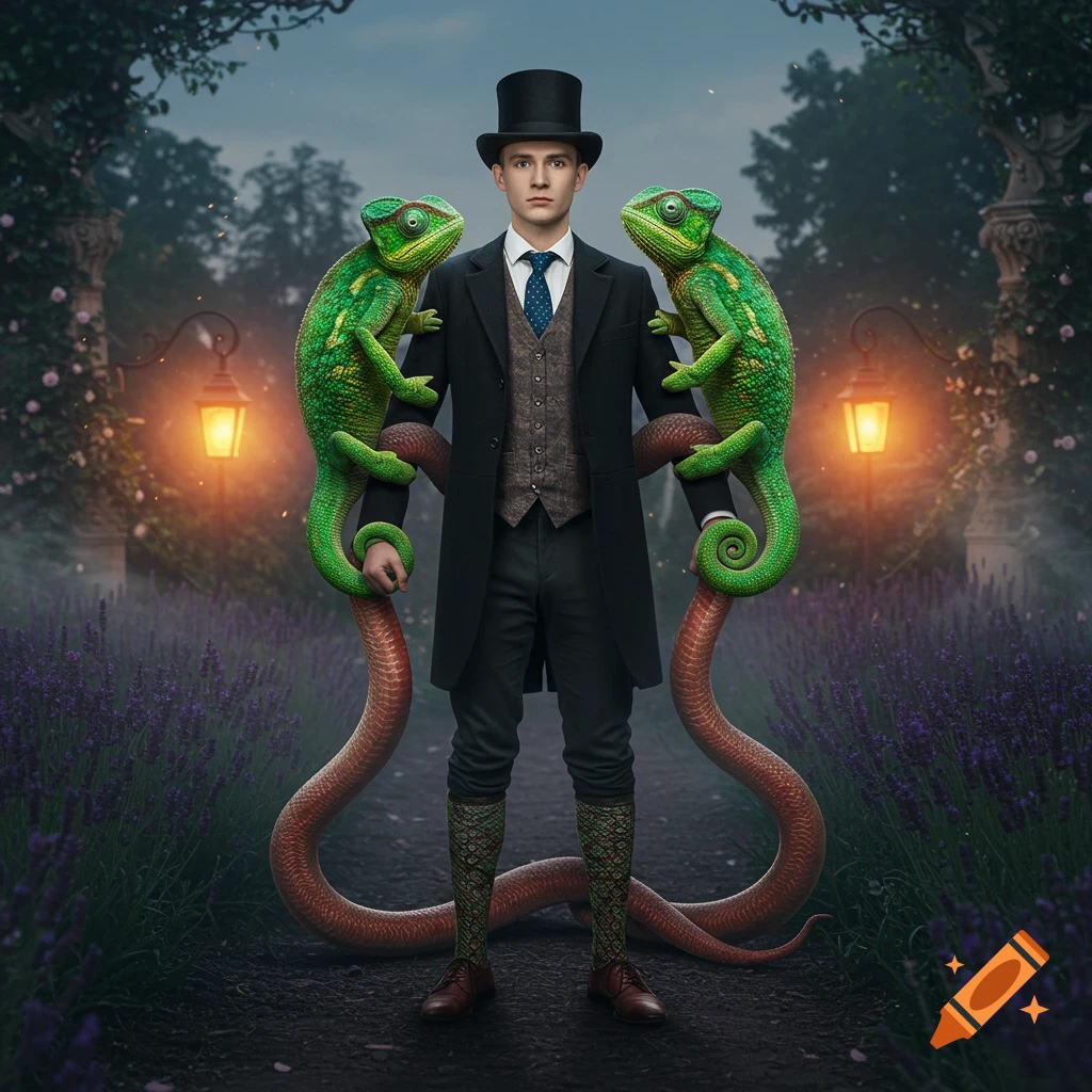 A man in a top hat and formal attire stands in a lavender garden, with two green chameleons on his arms whose long tails form his legs.