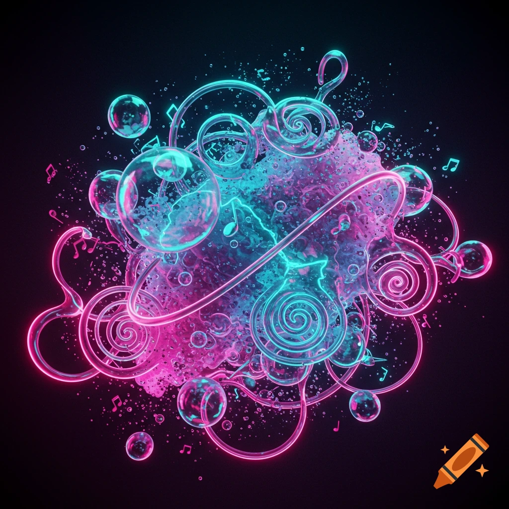 Vibrant abstract composition with glowing pink and cyan liquid, clear bubbles, and musical notes on a dark background.