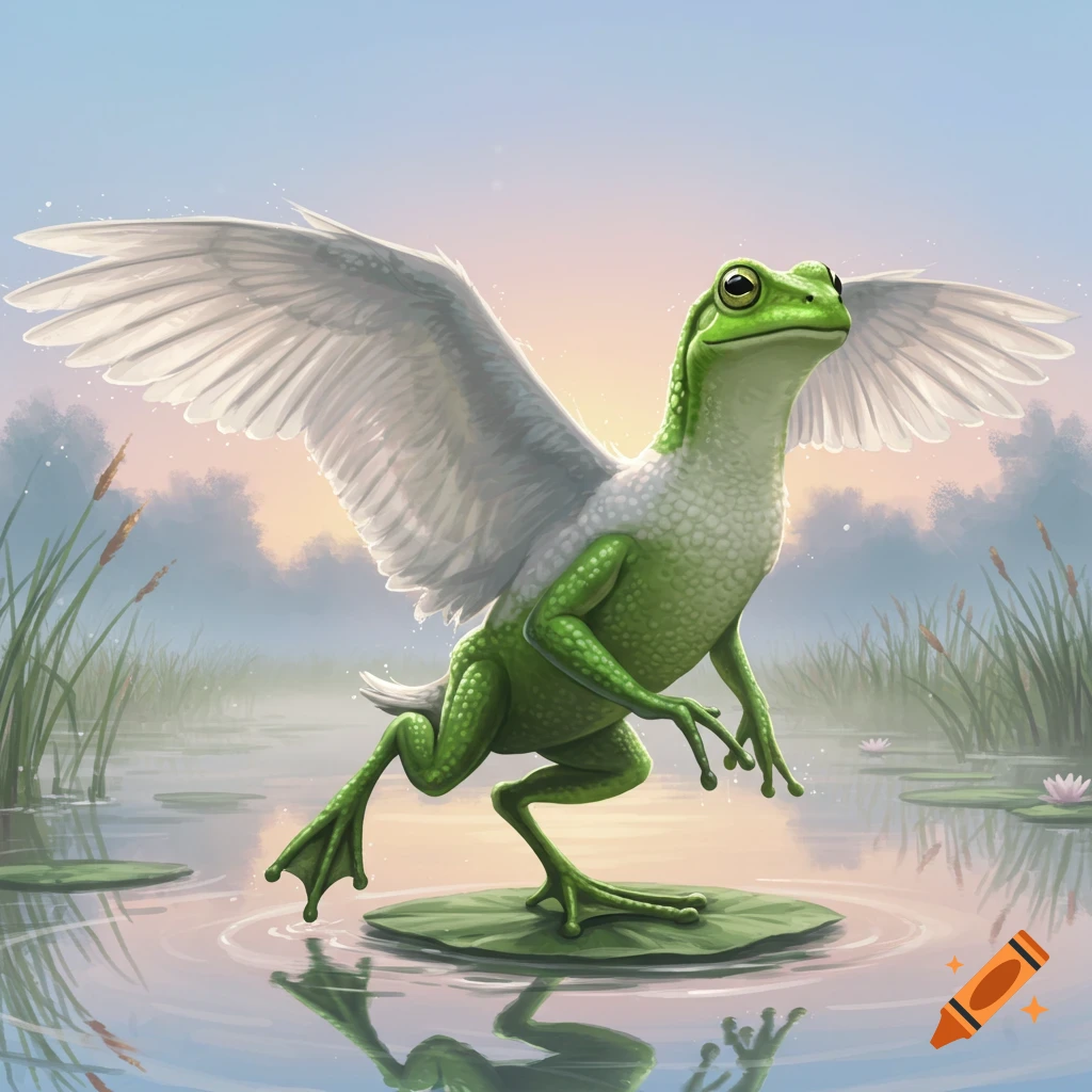 A green frog with large white swan wings stands on a lily pad in a misty pond, reflected in the water, with tall reeds and a soft sunrise in the background.