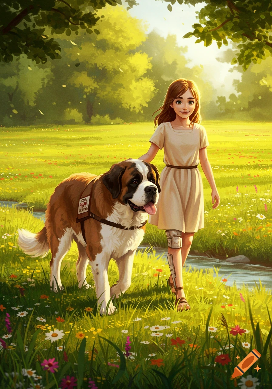 An illustrated young girl with a prosthetic leg walks with her large Saint Bernard service dog through a sunny, flower-filled meadow.
