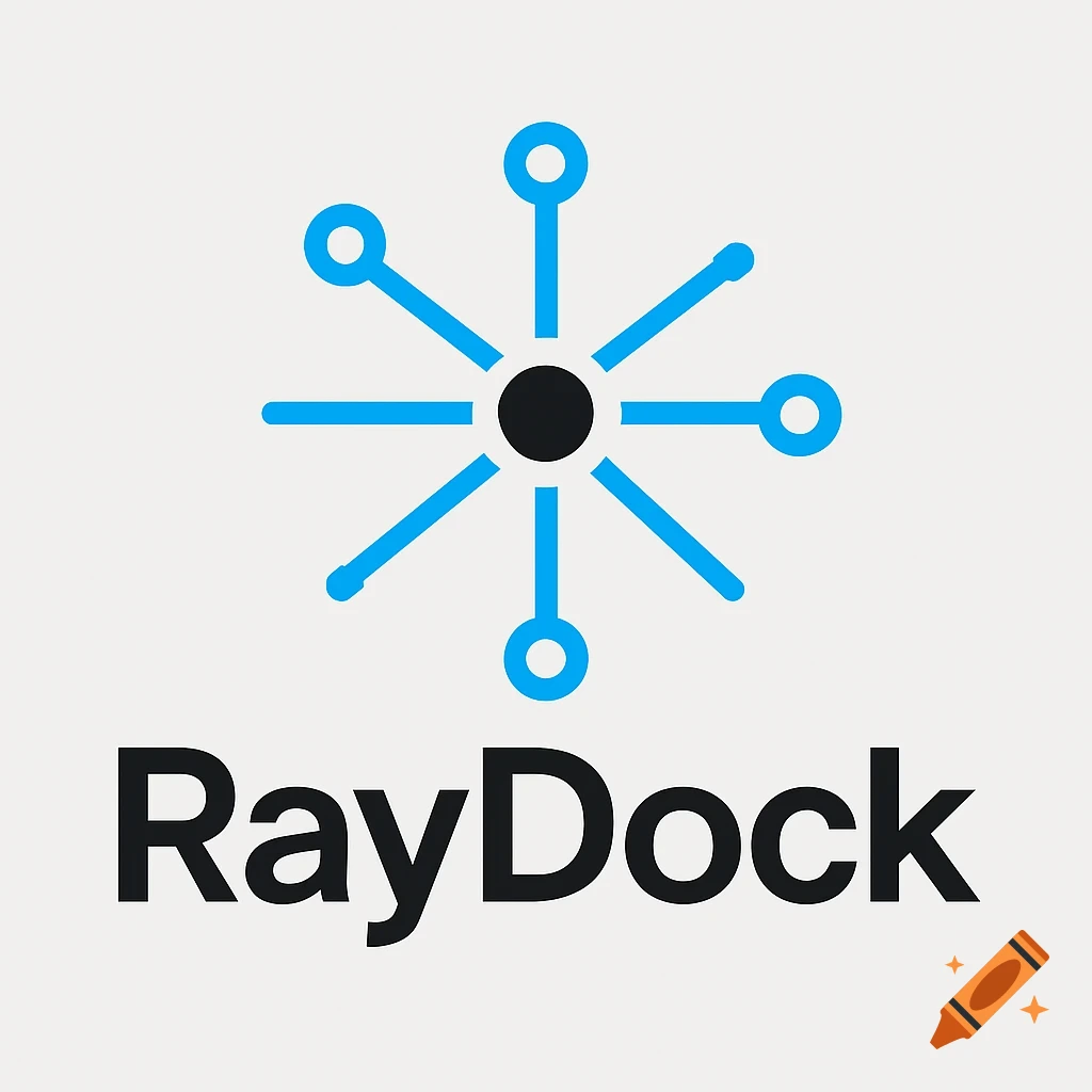 A minimalist logo for RayDock with a central black dot connected by blue radiating lines to outer blue circles, on a soft white background.