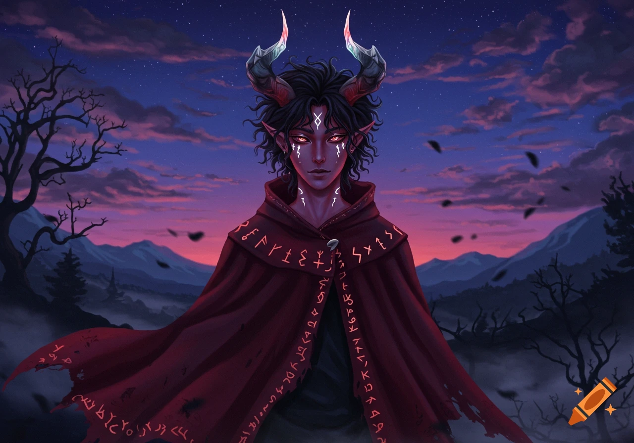 An anime demon boy with dark hair, glowing horns, and red eyes wears a red hooded cloak with runes, standing against a sunset sky.