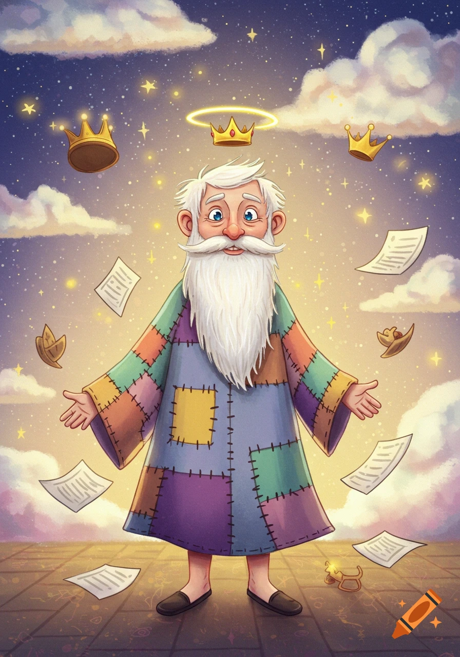 A cartoon old man with a long white beard and a patchwork robe stands under a starry sky with floating crowns and papers.