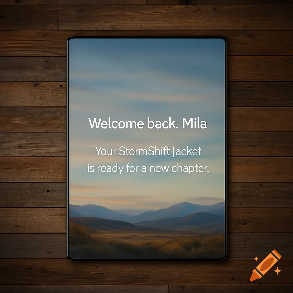 A digital screen displaying a greeting "Welcome back. Mila" and text about a "StormShift Jacket", mounted on a wooden wall.