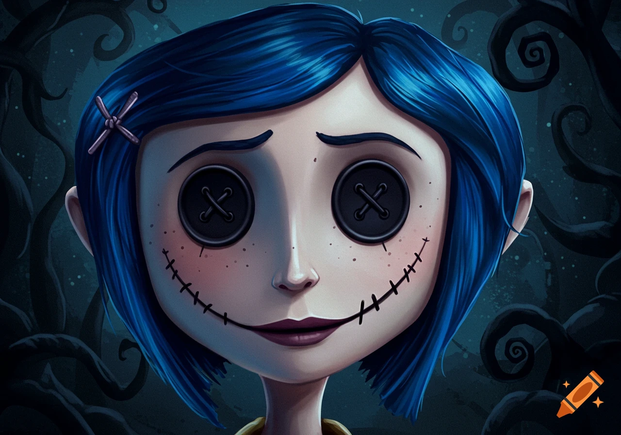 Close-up of a stylized girl with blue hair, black button eyes, and a stitched smile, against a dark, spooky background.