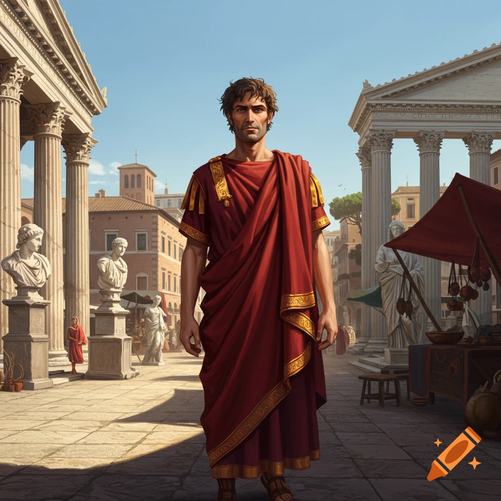 A man in a red toga stands in an ancient Roman marketplace with classical architecture and busts.