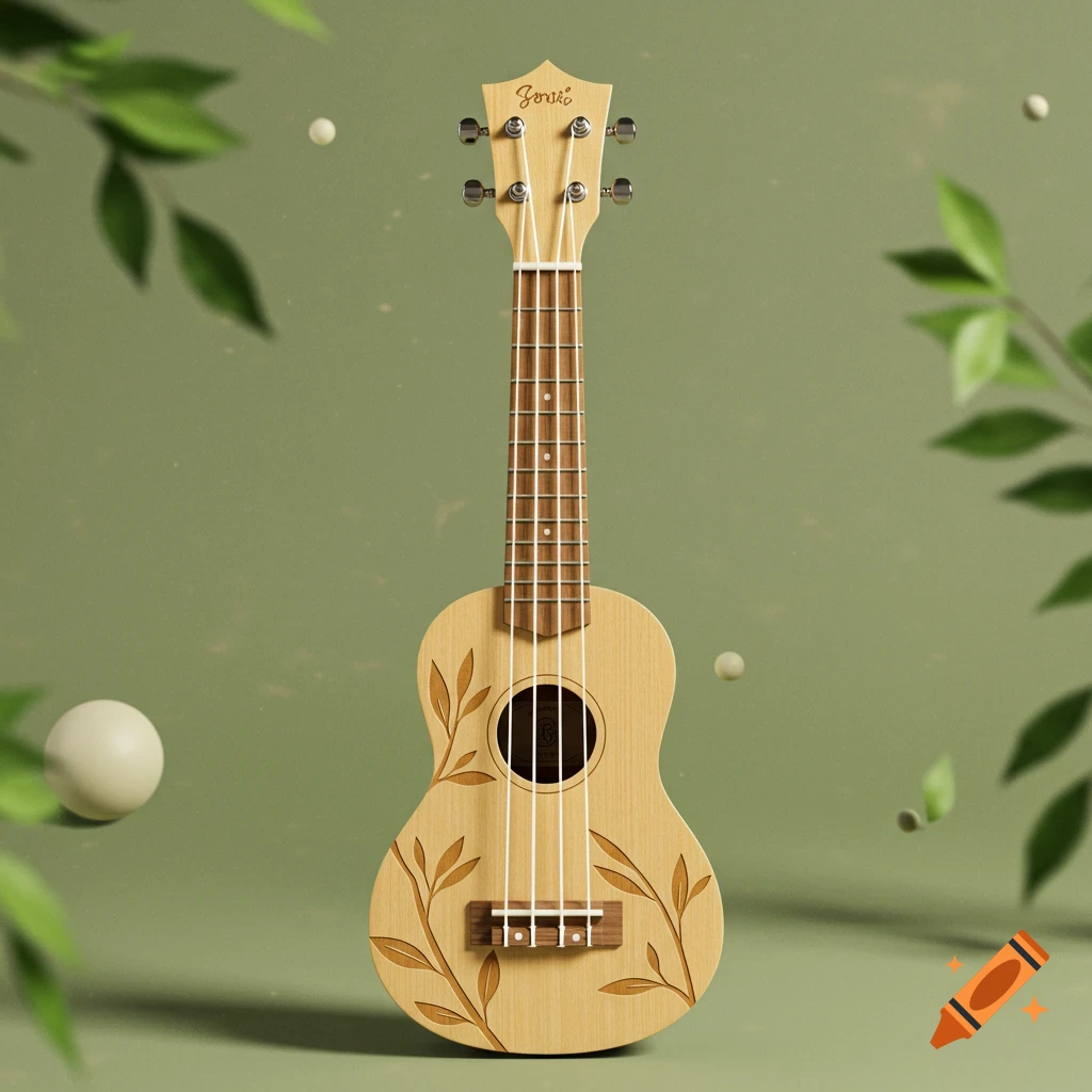 A minimalist wooden ukulele with subtle leaf engravings on its body, set against a soft green background with blurred leaves and spheres.