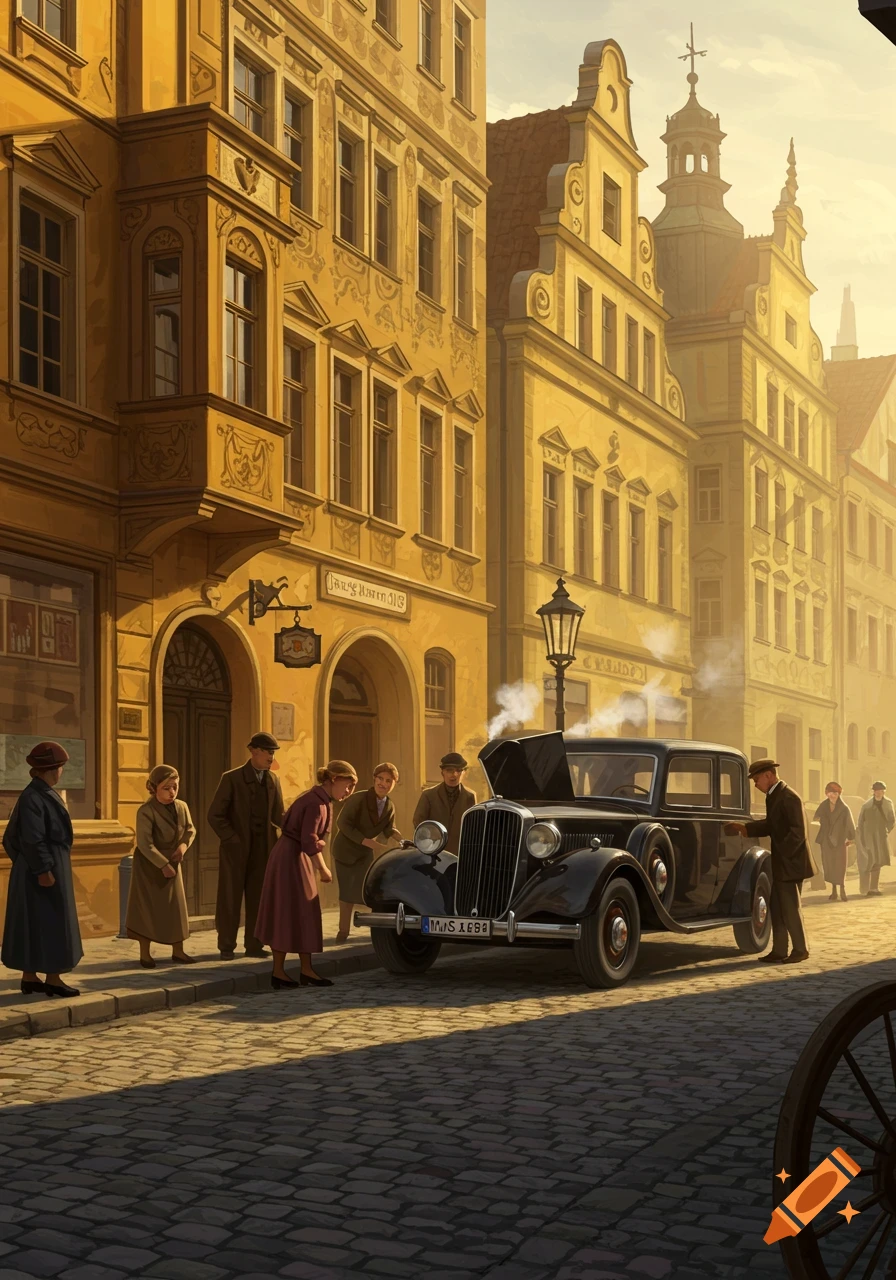 A warm-lit 1930s street scene with elaborate buildings. A black vintage car with its hood open, smoking, as people gather around it.
